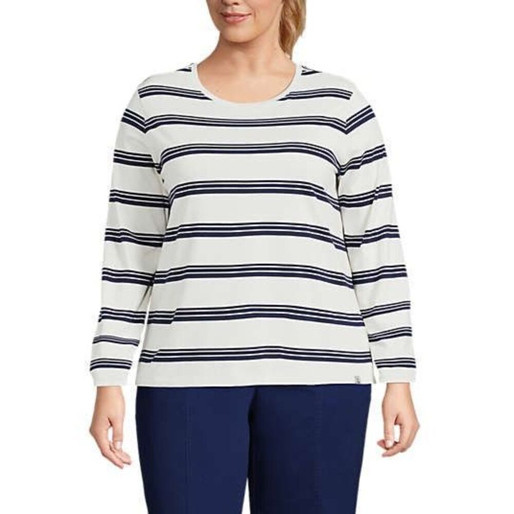 NWOT Lands’ End Women’s Top 1X Striped Long Sleeve 100% Cotton‎ Blue White
